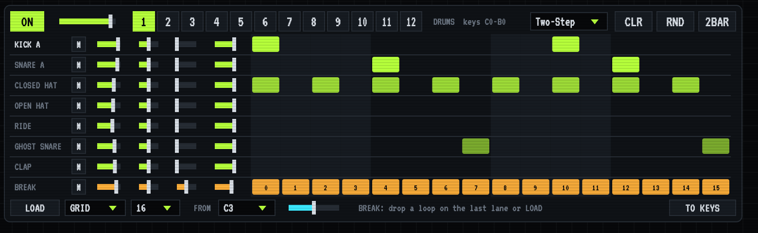 ROLLA drum section: twelve pattern slots, eight lanes with mute and level controls, a sixteen-step grid and a break lane